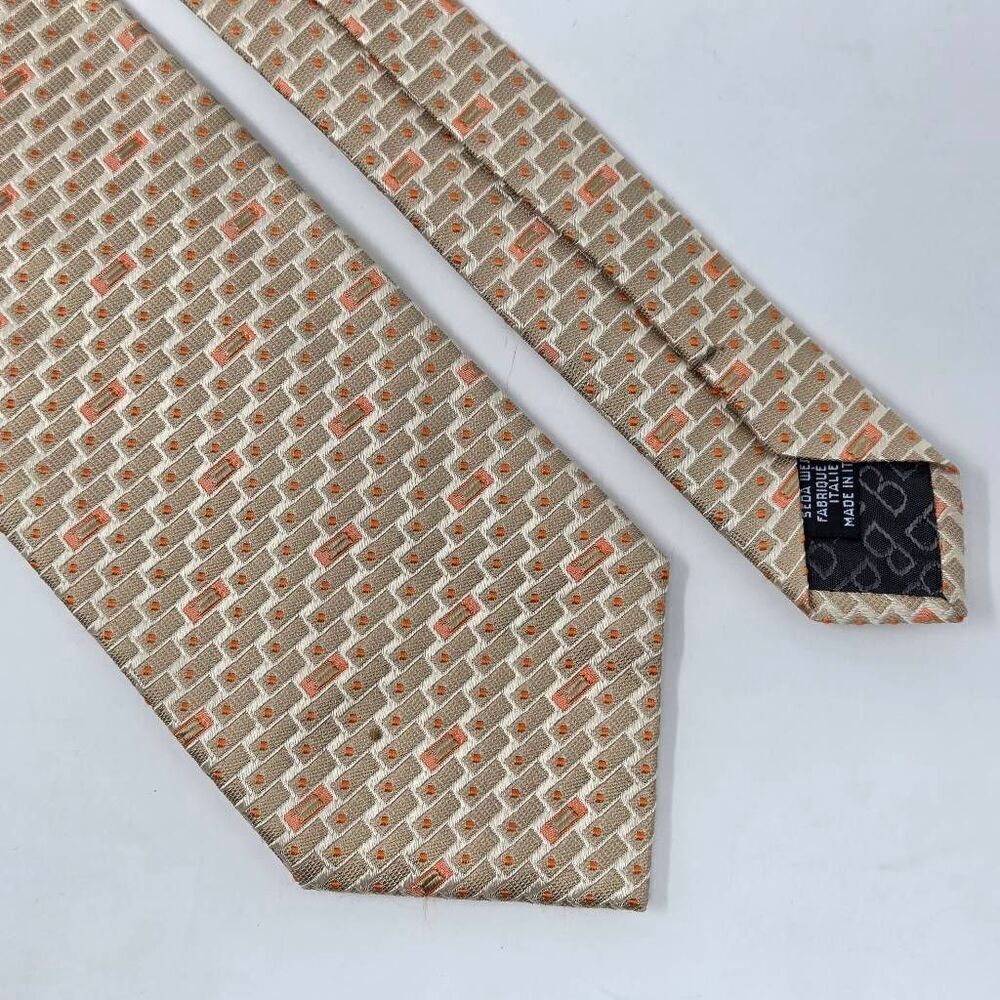 BALLY ITALY SILK TIE TAN CREAM ORANGE SATIN LUXURY BRICK PATTERN 3.75" X 56"